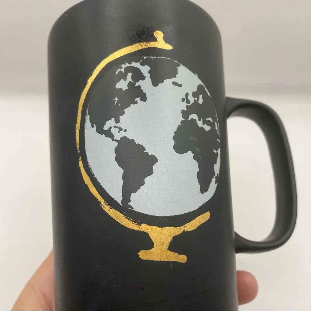 Starbucks 2015 Black with White/Gold Globe Grande Ceramic Coffee Mug (16oz)